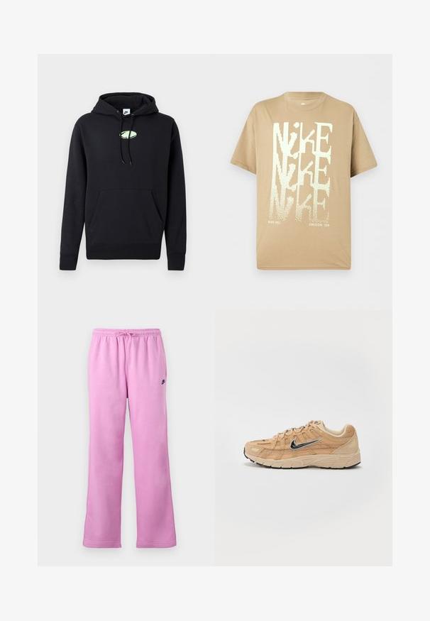Sudadera negra de Nike con bolsillo canguro en la parte frontal, capucha ajustable con cordón y pequeño logo ovalado verde claro centrado en el pecho.; Camiseta beige de manga corta de Nike con texto blanco grande "NIKE" superpuesto, y pequeño texto "NIKE INC." y "OREGON, USA" en la parte inferior.; Pantalones deportivos rosas de Nike con cintura elástica y cordón, corte recto en la pierna y pequeño logo negro de Nike en el muslo izquierdo.; Zapatilla deportiva beige con materiales de malla y ante, silueta curva, suela negra, prominente logo plateado de Nike en el lateral y acentos texturizados.