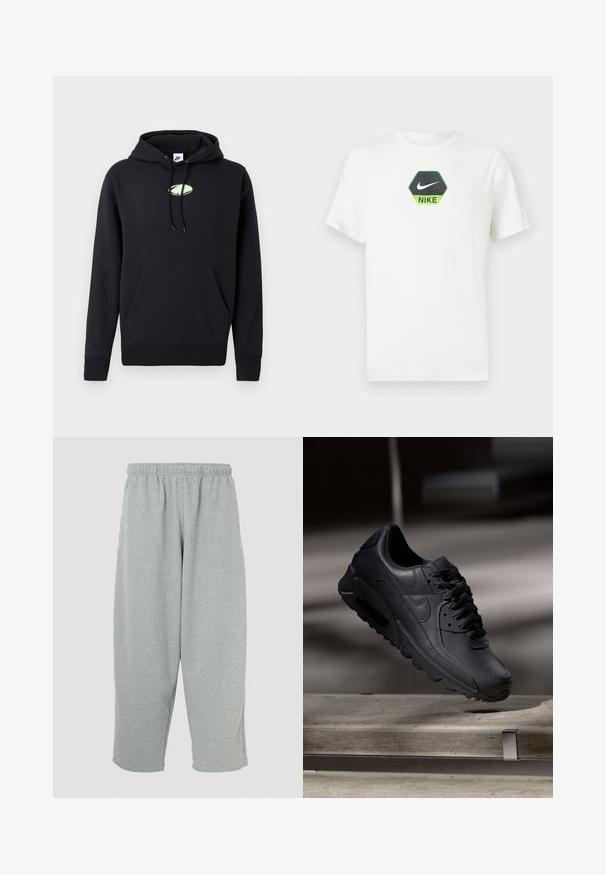 Zwarte Nike hoodie met een zijzak aan de voorkant, een trekkoord in de capuchon en een klein lichtgroen ovaal logo in het midden van de borst.; Witte Nike T-shirt met korte mouwen, met een zwart-groen hexagonlogo met de Nike swoosh en tekst centraal op de borst.; Lichtgrijze joggingbroek met een elastische tailleband, taps toelopend ontwerp en zachte textuur. Geen zichtbare merklogo's of patronen.; Zwarte Nike Air Max sneakers met een bovenwerk van gestructureerd leer, rubberen zool en een opvallend vetersysteem, dat een strakke, moderne uitstraling heeft.