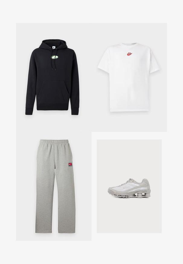 Must musta Nike kapuutsiga, ees kangaroo tasku, reguleeritava nööriga kapuuts ja väike helesinine ovaalne logo, mis on tsentraalselt rinnal.; Valge lühikeste varrukatega T-särk, millel on ees kaeluse lähedal keskel väike punane naerunäo logo.; Hallid dressipüksid elastse vööümbrisega, sirge lõikega ja väikese punase-valge Nike logomärgiga vasakul küljel. Pehme tekstuur.; Helehall ja valge sportjalanõu nähtava vedeliku-sarnase amordiga tallaosas ja võrgust ülemise osaga.