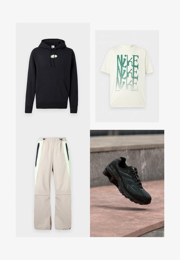 Zwarte Nike hoodie met een zijzak aan de voorkant, een trekkoord in de capuchon en een klein lichtgroen ovaal logo in het midden van de borst.; Wit T-shirt met korte mouwen met grote groene vervormde tekst "NIKE" verticaal gestapeld en kleine tekst "NIKE INC. OREGON, USA" onderaan.; Beige broek met lichtgroene zijpanelen, zwarte dijzakken met rits en elastische tailleband met zwarte trekkoorden.; Zwarte atletische sneaker met zichtbare luchtgeveerde tussenzool die boven een roze stenen oppervlak zweeft met een grijze stenen muur op de achtergrond.