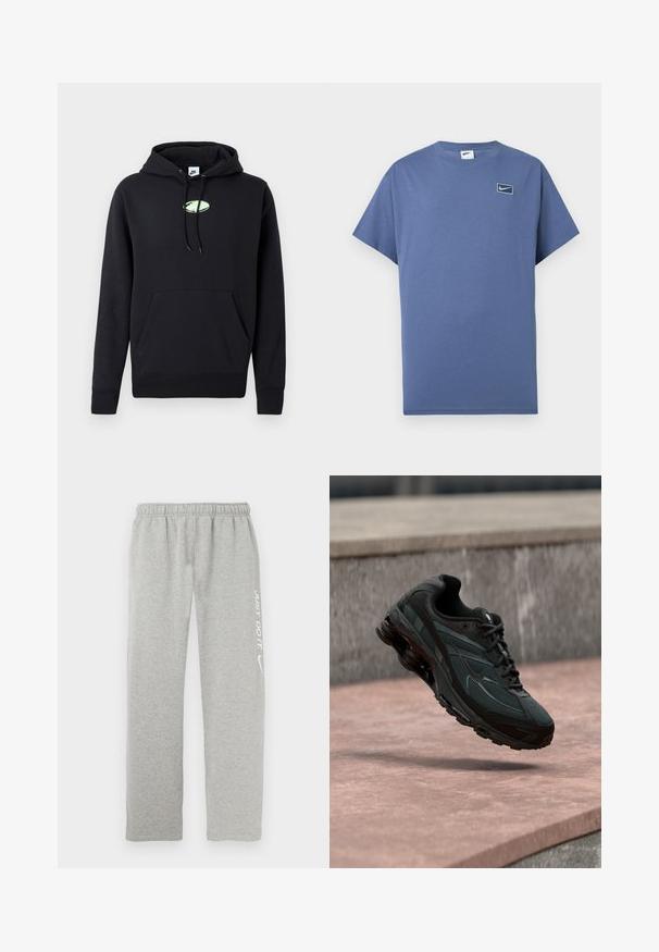 Sort Nike hættetrøje med frontlomme, snoretræk i hætten og lille lysegrøn oval logo centreret på brystet.; Blå kortærmet T-shirt med rund hals og et lille Nike swoosh-logo inde i en afrundet firkant på venstre bryst.; Grå joggingbukser lavet af blødt materiale med elastisk taljebånd. Har en hvid "JUST DO IT" tekst og Nike swoosh-logo på det ene ben.; Sort atletisk sneaker med synligt luftdæmpende mellemsål, der svæver over en pink stenoverflade med en grå stenvæg i baggrunden.