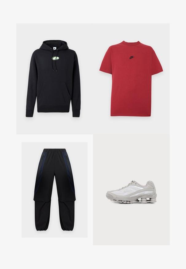Schwarzer Nike-Hoodie mit vorderer Kängurutasche, verstellbarem Kapuzenzug und kleinem hellgrünen ovalen Logo in der Mitte der Brust.; Rotes Baumwoll-T-Shirt mit schwarzem Nike-Logo auf der Brust, kurzen Ärmeln, rundem Ausschnitt und normaler Passform. Glatte Textur.; Schwarze und dunkelblaue Cargo-Hosen mit elastischem Bund und Bündchen, ausgestattet mit seitlichen Reißverschlusstaschen und überlappenden Stoffpaneelen an den Oberschenkeln.; Grauer und weißer Sportschuh mit sichtbarer Luftpolstersohle und Mesh-Einsätzen, im Profil auf einfachem hellem Hintergrund gezeigt.