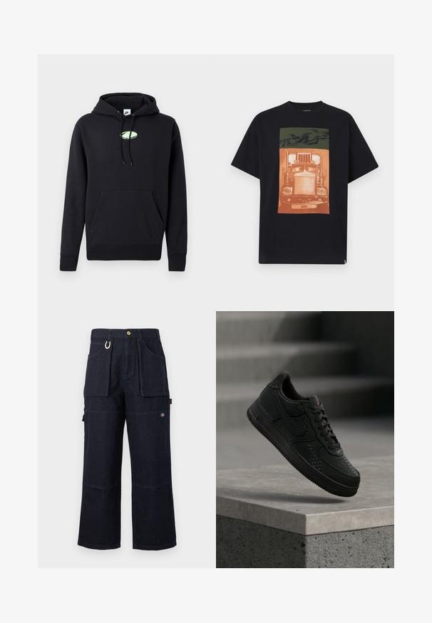 Sort Nike hættetrøje med frontlomme, snoretræk i hætten og lille lysegrøn oval logo centreret på brystet.; Sort kortærmet t-shirt med et motiv, der viser fronten af en stiliseret orange lastbil og mørkegrønne abstrakte former over den.; Mørkeblå vidde bukser i denim til arbejde med store lommer foran og på siden, knaplukning og lille logopatch på låret.; Sort Nike-sneaker med perforerede detaljer svæver over en betonforkant mod en sløret grå baggrund.