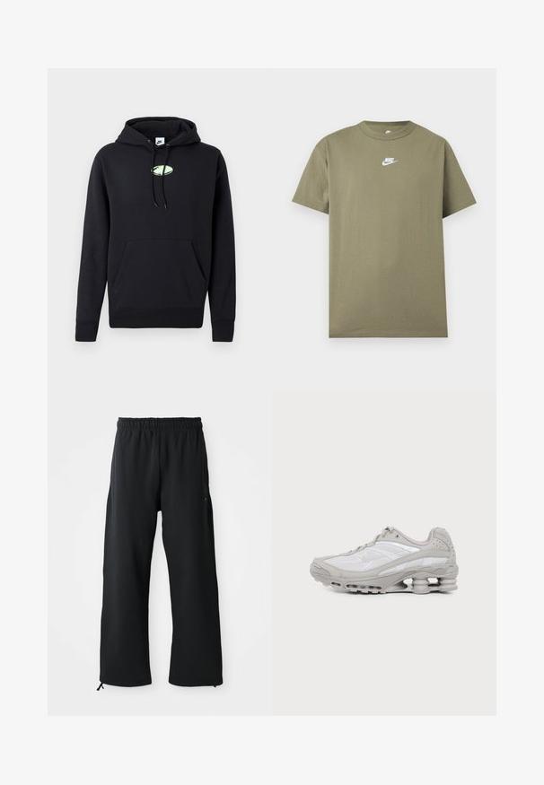 Zwarte Nike hoodie met een zijzak aan de voorkant, een trekkoord in de capuchon en een klein lichtgroen ovaal logo in het midden van de borst.; Olijfgroene Nike T-shirt met korte mouwen en ronde hals met een wit logo op de borst op een effen lichtgrijze achtergrond.; Zwarte wijde broek van zachte stof, met een elastische tailleband en een trekkoord, zijzakken en een gladde textuur.; Grijze en witte sportschoen met zichtbare luchtkussenzool en meshpanelen, in profiel weergegeven op een eenvoudige lichte achtergrond.