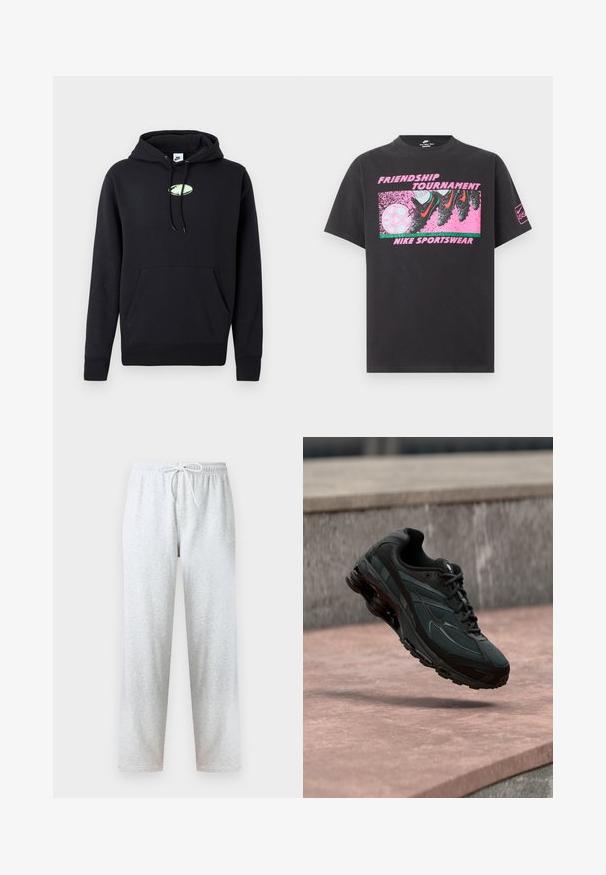 Haut à capuche noir Nike avec poche kangourou à l'avant, cordon de serrage pour la capuche et petit logo ovale vert clair centré sur la poitrine.; T-shirt noir Nike avec un graphique rose représentant des crampons frappant un ballon de football, texte « Friendship Tournament » et « Nike Sportswear » sur le devant.; Pantalon de survêtement gris en tissu doux, avec une taille élastique et un cordon de serrage, jambes droites. Aucun motif ni accent visible.; Baskets athlétiques noires avec une semelle intercalaire à coussin d’air visible flottant au-dessus d’une surface en pierre rose avec un mur en pierre gris en arrière-plan.