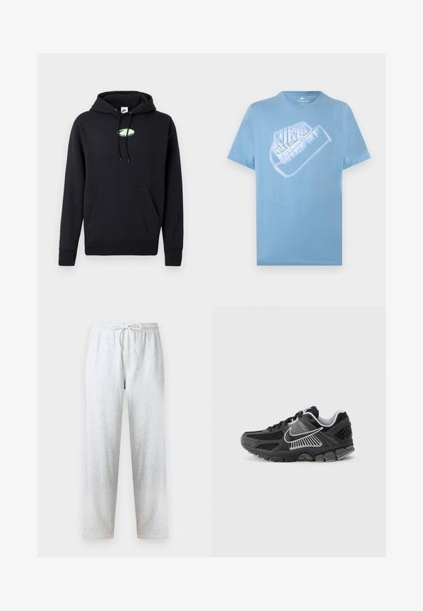 Schwarzer Nike-Hoodie mit vorderer Kängurutasche, verstellbarem Kapuzenzug und kleinem hellgrünen ovalen Logo in der Mitte der Brust.; Hellblaues Nike-T-Shirt mit kurzen Ärmeln und großem stilisiertem weißen Nike-Logo samt Swoosh-Grafik auf der Brust.; Graue Jogginghose aus weichem Stoff, mit elastischem Bund und Kordelzug sowie geraden Beinen. Keine Muster oder Verzierungen sichtbar.; Schwarzer Sportschuh mit Mesh-Einsätzen und synthetischen Akzenten. Verfügt über eine abgerundete Zehenpartie, eine dicke gepolsterte Sohle und kontrastreiche weiße Logodetails.