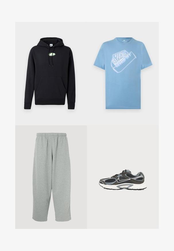 Čierna mikina Nike s predným klokaním vreckom, kapucňou so šnúrkou a malým svetlozeleným oválnym logom umiestneným na hrudi.; Svetlomodré krátke tričko s krátkym rukávom značky Nike s veľkým štýlovo spracovaným bielym logom Nike a grafikou swoosh na hrudi.; Svetlosivé tepláky s elastickým pásom, zúženým strihom nohavíc a mäkkou textúrou. Bez viditeľného loga alebo vzorov.; Sivá a čierna športová obuv s bielou podrážkou a bielym logom Nike Swoosh na jednofarebnom svetlom pozadí.