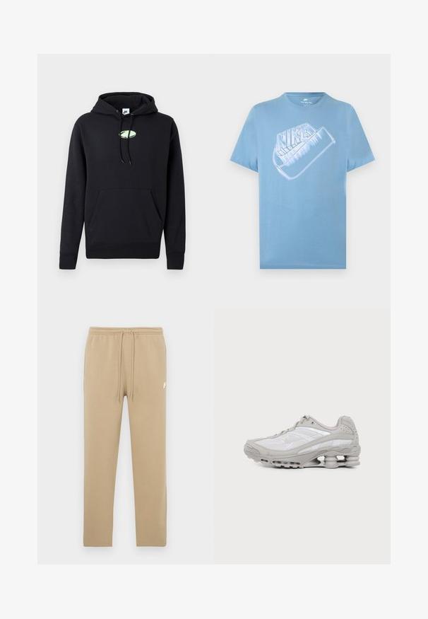 Zwarte Nike hoodie met een zijzak aan de voorkant, een trekkoord in de capuchon en een klein lichtgroen ovaal logo in het midden van de borst.; Lichtblauw Nike T-shirt met korte mouwen en een groot gestileerd wit Nike-logo en swoosh-beeld op de borst.; Beige sweatpants met elastische tailleband en trekkoorden, met een klein wit Nike-logo op de bovenkant van de linker dij.; Grijze en witte sportschoen met zichtbare luchtkussenzool en meshpanelen, in profiel weergegeven op een eenvoudige lichte achtergrond.