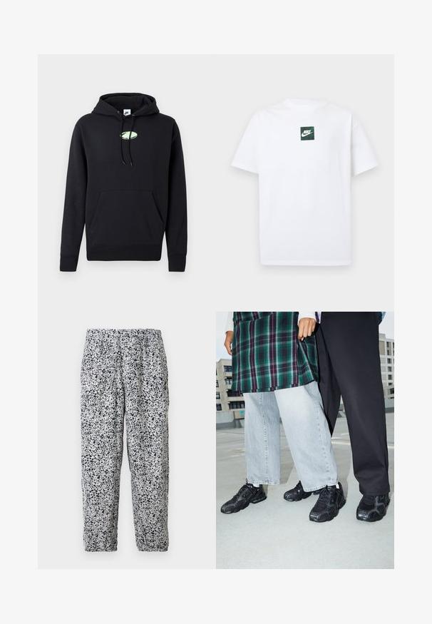 Musta Nike huppari, jossa on etupuolen kenguru-tasku, kiristettävä huppu ja pieni vaaleanvihreä soikea logo keskitettynä rinnassa.; Valkoinen Nike-lyhythihainen T-paita, jossa pieni vihreä neliönmuotoinen logo, jossa on Nike Swoosh -merkki ja teksti rinnan keskellä.; Valkoiset joustovyötäröiset housut mustilla epäsäännöllisillä pilkkukuoseilla ja joustavilla lahkeensuut roikkumassa yksiväristä taustaa vasten.; Mustat urheilukengät, joissa on verkko- ja kumikoristeita. Yhdistetty vaaleanharmaiden leveiden farkkujen ja ruudullisen vihreän paidan kanssa. Tasainen tausta.