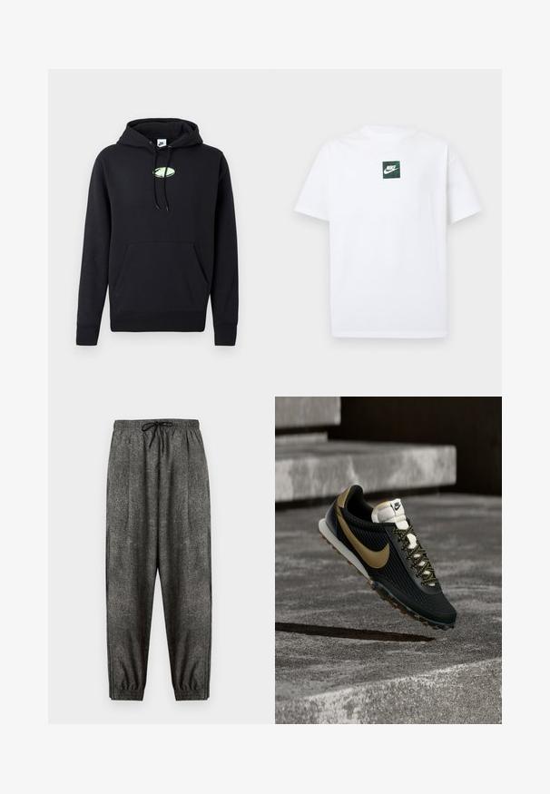 Sudadera negra de Nike con bolsillo canguro en la parte frontal, capucha ajustable con cordón y pequeño logo ovalado verde claro centrado en el pecho.; Camiseta blanca de manga corta de Nike con un pequeño logo cuadrado verde que presenta el símbolo swoosh de Nike y texto centrado en el pecho.; Pantalones de chándal texturizados de color gris oscuro con cinturilla elástica y cordón negro, puños elásticos y corte holgado.; Zapatilla de running Nike negra y dorada con parte superior texturizada y cordones estampados, flotando sobre una superficie rugosa de hormigón y escalones.