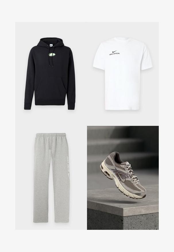 Haut à capuche noir Nike avec poche kangourou à l'avant, cordon de serrage pour la capuche et petit logo ovale vert clair centré sur la poitrine.; T-shirt en coton blanc à manches courtes. Présente un logo noir "Nike Official" et un swoosh noir sur le côté gauche de la poitrine.; Pantalon de survêtement gris en matériau doux avec une taille élastique. Présente un texte blanc "JUST DO IT" et le logo Nike swoosh sur une jambe.; Chaussure de course Nike grise et beige suspendue en l'air au-dessus d'un rebord en béton avec des escaliers flous en arrière-plan.