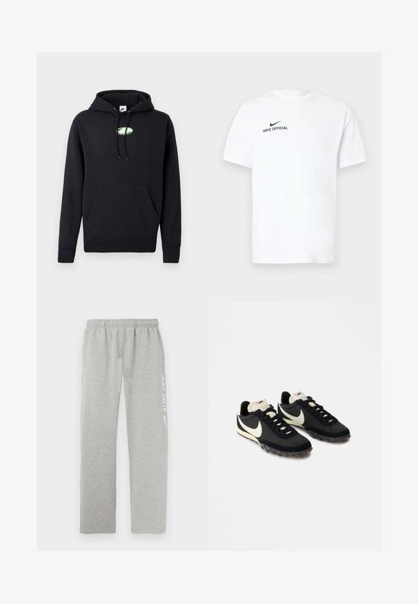 Sort Nike hættetrøje med frontlomme, snoretræk i hætten og lille lysegrøn oval logo centreret på brystet.; Hvid bomulds T-shirt med korte ærmer. Har en sort "Nike Official"-logo og en sort swoosh på venstre brystside.; Grå joggingbukser lavet af blødt materiale med elastisk taljebånd. Har en hvid "JUST DO IT" tekst og Nike swoosh-logo på det ene ben.; Sorte sportssko med en struktureret overdel, hvid swoosh-logo og gummisål med små stik til trækkraft. Elfenbensfarvet krave.
