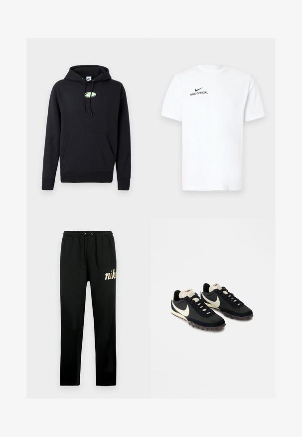 Sort Nike hættetrøje med frontlomme, snoretræk i hætten og lille lysegrøn oval logo centreret på brystet.; Hvid bomulds T-shirt med korte ærmer. Har en sort "Nike Official"-logo og en sort swoosh på venstre brystside.; Sorte joggingbukser lavet af blødt stof, med elastisk talje med snore, tilspidsede ben og et gyldent broderet "nike"-logo.; Sorte sportssko med en struktureret overdel, hvid swoosh-logo og gummisål med små stik til trækkraft. Elfenbensfarvet krave.