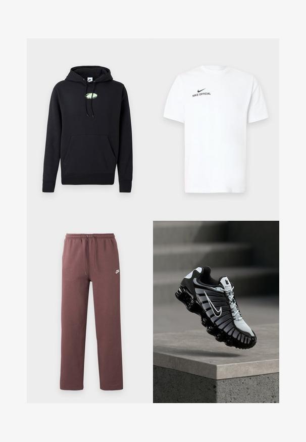 Schwarzer Nike-Hoodie mit vorderer Kängurutasche, verstellbarem Kapuzenzug und kleinem hellgrünen ovalen Logo in der Mitte der Brust.; Weißes Baumwoll-T-Shirt mit kurzen Ärmeln. Es zeigt ein schwarzes "Nike Official"-Logo und einen schwarzen Swoosh auf der linken Brustseite.; Braune Nike-Sweatpants mit elastischem Bund und Kordelzug, mit kleinem weißem Nike-Logo am linken Oberschenkel.; Schwarz-weißes Nike-Laufschuh, der über einer Betonoberfläche mit einem gestuften Stein-Hintergrund schwebt.