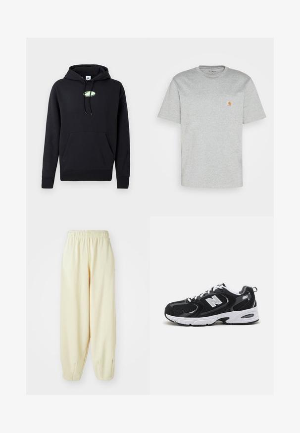 Čierna mikina Nike s predným klokaním vreckom, kapucňou so šnúrkou a malým svetlozeleným oválnym logom umiestneným na hrudi.; Šedé bavlnené tričko s krátkymi rukávmi a okrúhlym výstrihom. Má ľavú náprsníkovú kapsu a malé logo značky v oranžovej farbe na kapsičke.; Krémové teplákové nohavice s elastickým pásom, zúženými nohavicami a voľným strihom. Vyrobené z mäkkej, ľahkej látky.; Čierne a šedé športové topánky s hornou časťou z mikrovlákna a zamatu, s bielou medzipodrážkou, šnúrkami a výrazným logom "N" na boku.