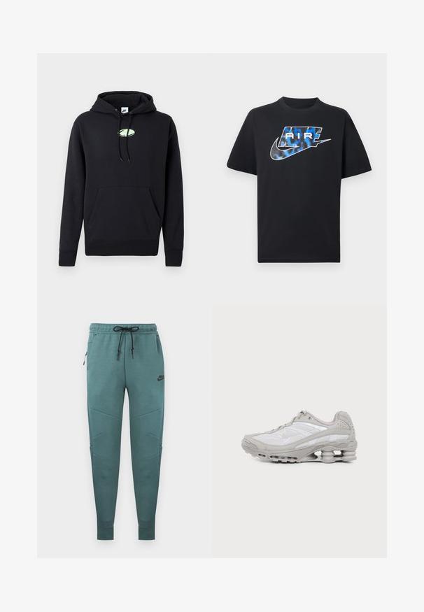 Schwarzer Nike-Hoodie mit vorderer Kängurutasche, verstellbarem Kapuzenzug und kleinem hellgrünen ovalen Logo in der Mitte der Brust.; Schwarzes T-Shirt mit kurzen Ärmeln, auf der Brust ist ein stilisierter "AIR"-Schriftzug in Blau und Weiß sowie das Nike-Swoosh-Logo abgebildet.; Türkisblaue Nike-Jogginghose mit schwarzem Kordelzug, seitlicher Reißverschlusstasche, Rippenbündchen und Nike-Logo am oberen Oberschenkel.; Grauer und weißer Sportschuh mit sichtbarer Luftpolstersohle und Mesh-Einsätzen, im Profil auf einfachem hellem Hintergrund gezeigt.