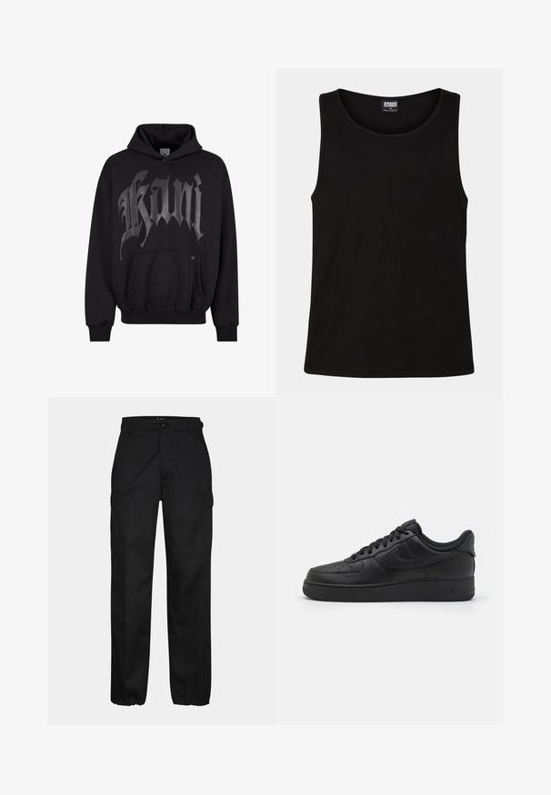 Zwarte hoodie met voorzak, voorzien van grote grijze gotische letters. Gemaakt van zachte stof, met ribgebreide manchetten en onderrand voor een goede pasvorm.; Zwarte tanktop gemaakt van zachte katoenstof. Beschikt over een ronde halslijn en ruime armsgaten, zonder zichtbare patronen of accenten.; Zwarte cargobroek met een rechte pasvorm, voorzien van zijzakken, een knoopsluiting en elastische boorden bij de enkels. Gemaakt van duurzaam materiaal.; Nike Sportswear AIR FORCE 1 07 FLYEASE - Sneakers laag - black