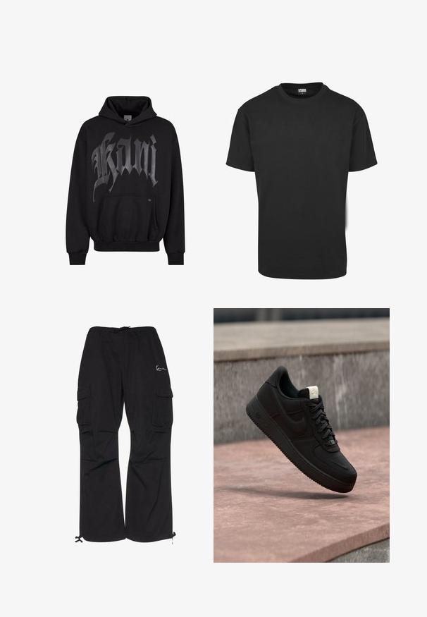 Sort hættebluse med frontlomme, prydet med store grå gotiske bogstaver. Fremstillet af blødt stof, med ribkantede manchetter og kant, der sikrer en tætsiddende pasform.; Sort bomuld t-shirt med korte ærmer, rund halsudskæring og almindelig pasform. Stoffet fremstår glat og uden pynt.; Sorte cargobukser lavet af letvægtsstof, med elastisk talje med snøre, sidelommer og justerbare manchetter.; Sort Nike Air Force 1 sneaker, der svæver over en lyserød betonforkant med en grå stenet baggrund, som viser sidde- og topdetaljer.
