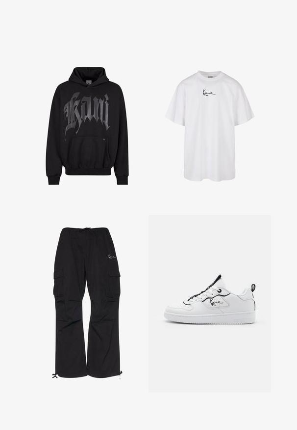 Zwarte hoodie met voorzak, voorzien van grote grijze gotische letters. Gemaakt van zachte stof, met ribgebreide manchetten en onderrand voor een goede pasvorm.; Witte katoenen t-shirt met een ronde halslijn en korte mouwen, voorzien van een zwart geborduurd logo in het midden van de borst.; Zwarte cargobroek van lichtgewicht stof, met een elastische tailleband met koord, zijzakken en verstelbare manchetten.; Witte sneaker met een glad leren bovenwerk, zwarte accenten, handtekeninglogo aan de zijkant, ronde neus en contrasterende veters.