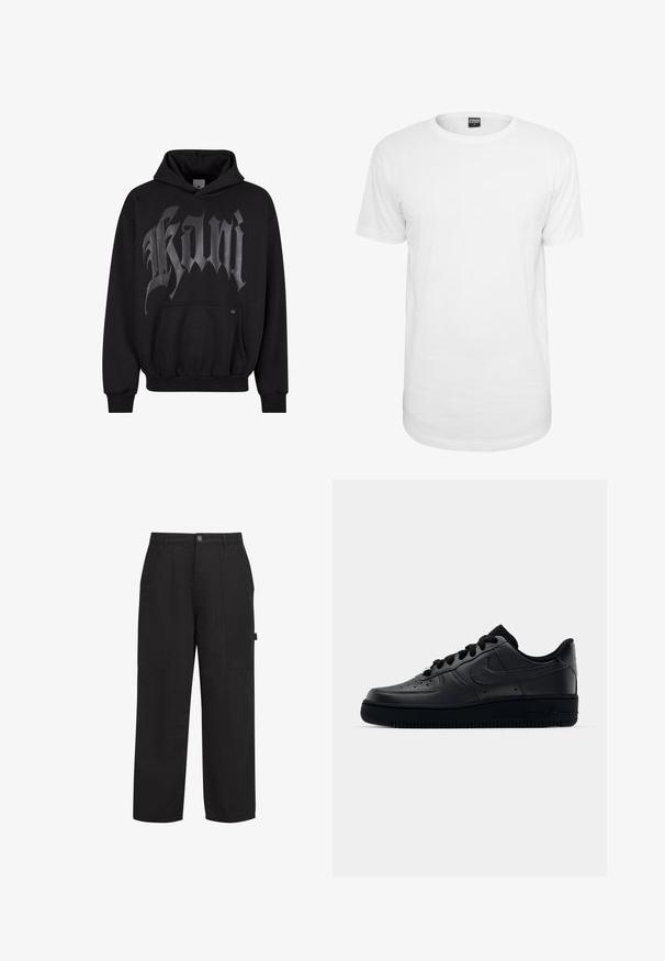 Sort hættebluse med frontlomme, prydet med store grå gotiske bogstaver. Fremstillet af blødt stof, med ribkantede manchetter og kant, der sikrer en tætsiddende pasform.; Hvid kortærmet t-shirt lavet af bomuld, med en klassisk rund halsudskæring, en afslappet pasform og uden synlige mønstre eller logoer.; Sorte bomuldsbukser med afslappet pasform, der har to frontlommer, en lynlås foran og en synlig knap foran. Glat tekstur, lige ben-design.; Sort Nike Air Force 1 sneaker med en glat læderoverdel, perforeret tå for åndbarhed, sorte snørebånd og en textured gummisål.