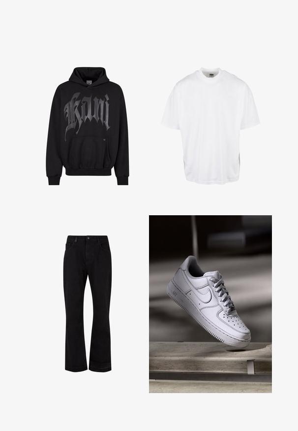 Zwarte hoodie met voorzak, voorzien van grote grijze gotische letters. Gemaakt van zachte stof, met ribgebreide manchetten en onderrand voor een goede pasvorm.; Witte katoenen t-shirt met een relaxte pasvorm, korte mouwen en een ronde halslijn, met een rechte zoom en geen zichtbare grafische afbeeldingen of patronen.; Zwarte denim flare broeken met een soepele textuur. Voorzien van voorzakken, knoopsluiting en gestikte details langs de naden.; Witte Nike Air Force 1 sneaker van leer met geperforeerde neus, platte veters en een gestructureerde rubberen zool met "AIR"-logo aan de zijkant.