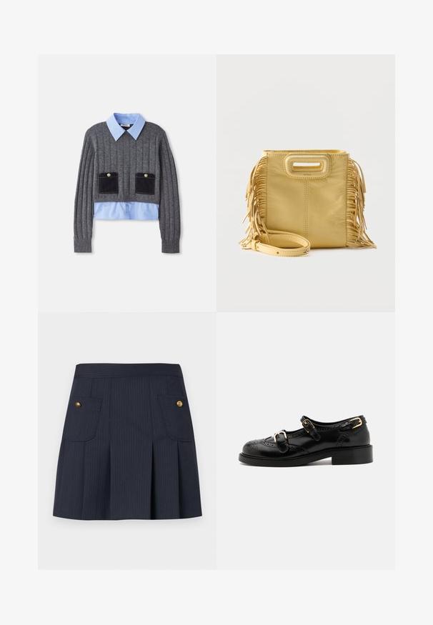 Un pull gris côtelé avec une chemise à col bleu clair en dessous, comportant deux poches avant avec des accents bleu foncé et des détails de boutons.; Jupe à rayures bleu marine foncé avec des plis à l'avant et deux poches à rabat ornées de boutons dorés de chaque côté.; Chaussures en cuir noir avec détails de brogue, dotées de deux sangles à boucle, d'un bout arrondi et d'un talon bas. Texture lisse avec finition brillante.; Sac à main en cuir jaune avec détails à franges sur les côtés, poignée découpée rectangulaire et bandoulière amovible placée à l'avant.