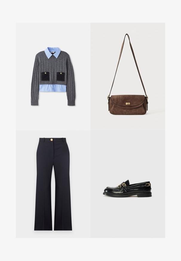 Un pull gris côtelé avec une chemise à col bleu clair en dessous, comportant deux poches avant avec des accents bleu foncé et des détails de boutons.; Pantalon noir taille haute, ajusté, avec fermeture devant par bouton et zip, passants pour ceinture, et jambes droites légèrement évasées.; Mocassins en cuir noir avec une finition brillante, dotés de deux boucles dorées et d'un talon bas. Texture lisse avec un design à bout arrondi.; Sac bandoulière en daim marron avec une longue sangle réglable et une fermeture à tour dorée sur le rabat avant.