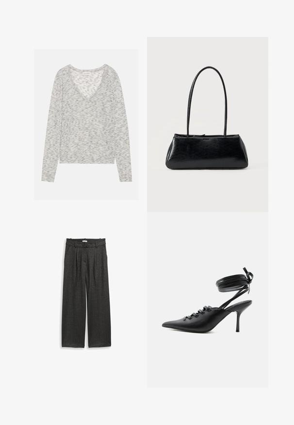 Top gris de manga larga con un diseño de cuello en V, que presenta una sutil textura moteada y un material de punto suave. La etiqueta dice "ANNA FIELD."; Pantalones de pierna ancha en tela gris oscuro con un sutil brillo, que presentan pliegues frontales y una cinturilla plana para un aspecto ajustado.; Zapato de tacón alto negro con punta puntiaguda, con cordones en la parte delantera y correas que rodean el tobillo atadas con un lazo, mostrado de lado sobre un fondo blanco.; Bolso de hombro rectangular negro con correas largas y delgadas y una textura lisa y brillante sobre un fondo liso.