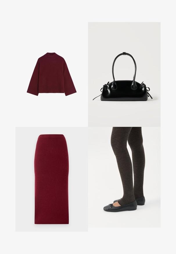 Pull en tricot bordeaux avec un col montant à côtes, des manches larges et un ourlet côtelé. Texture douce et coupe décontractée, adapté pour le superposition.; Jupe midi en maille bordeaux avec une silhouette ajustée, texture lisse et une taille. Pas de coutures ou de motifs visibles. Couleur unie sur l'ensemble.; Jambes portant des leggings côtelés foncés associés à des ballerines noires avec de petits détails en nœud sur fond blanc.; Petit sac à main noir brillant avec deux longues anses et des détails à cordon sur les côtés sur un fond clair uni.