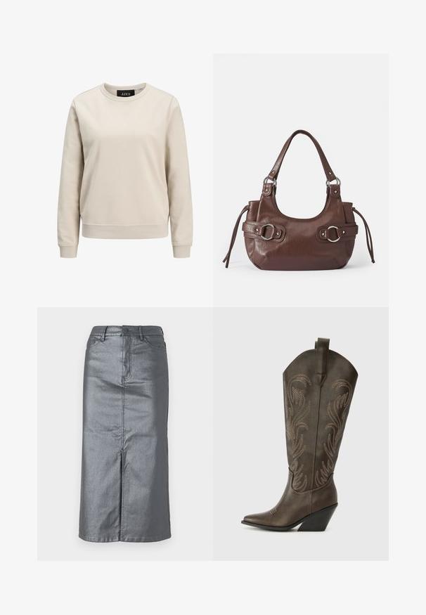 Beige sweatshirts med rund halsudskæring, lange ærmer, ribbede manchetter og kant, lavet af blødt bomuldsstof. Enkelt design uden mønstre.; Metalgrå denim-nederdel med en lige form, for-slids, fem-lomme design og knaplukning i taljen. Flade sømme er synlige.; Brune læder cowboystøvle med spids tå, kilehæl og dekorativ broderi. Har en høj stok og en trækflap.; Brun læderhåndtaske med rund form, sølvhardware, to sideskuldre og en glat tekstur. Har en enkelt toppen håndtag.