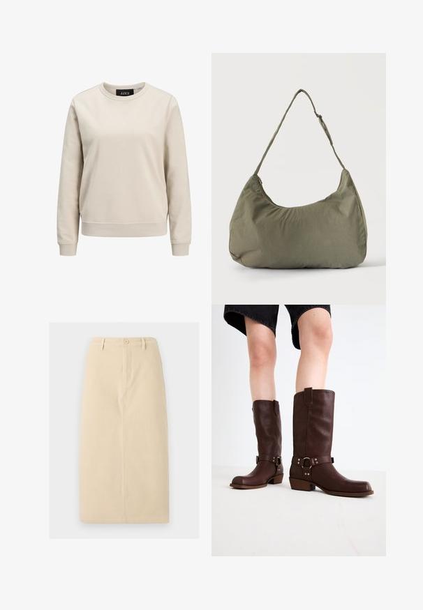 Beige sweatshirt met een ronde halslijn, lange mouwen, ribbelboorden en -zoom, gemaakt van zacht katoen. Eenvoudig ontwerp zonder prints.; Beige, knie-lange rok van stevig materiaal, met een sluiting aan de voorkant met knopen en subtiele verticale naaddetails.; Bruine leren kniehoge laarzen met een ronde neus, gestructureerd oppervlak, enkelriem en zilveren hardware-detail; opgestapelde hak.; Schoudertas van zacht olijfgroen stof met ritssluiting en verstelbare band op een effen lichte achtergrond.