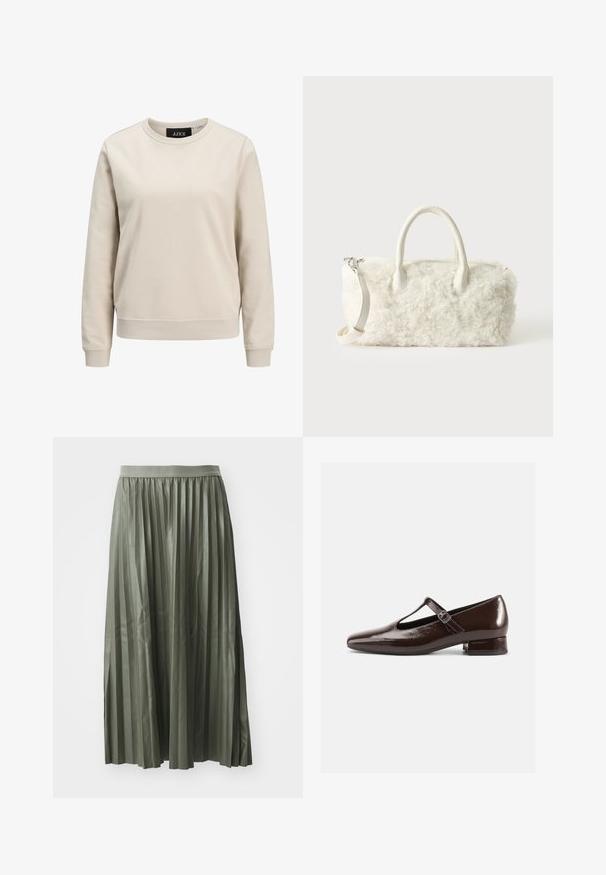 Beige Sweatshirt mit Rundhalsausschnitt, langen Ärmeln, gerippten Bündchen und Saum, aus weichem Baumwollmaterial. Einfaches Design ohne Muster.; Faltender Midi-Rock in gedämpftem Grün, aus glänzendem Stoff. Verfügt über einen elastischen Taillenbund und fällt bis zur Wade mit gleichmäßig verteilten vertikalen Falten.; Braune Mary-Jane-Schuhe aus Lackleder mit abgerundetem Zehenbereich, Cut-out-Design und verstellbarem Riemen. Niedriger Blockabsatz.; Kleine weiße Handtasche mit lockiger Fellstruktur, doppelten Griffen und abnehmbarem Schulterriemen vor einfachem hellem Hintergrund.