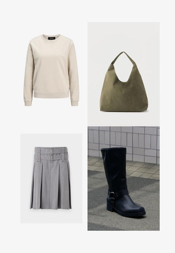 Beige sweatshirt met een ronde halslijn, lange mouwen, ribbelboorden en -zoom, gemaakt van zacht katoen. Eenvoudig ontwerp zonder prints.; Grijze plissé rok met spijkerstreep, dubbele riem en zilveren gespen, met D-ring accenten in de taille.; Zwarte leren kuitlaars met een lage blokhak en een decoratieve riem met metalen gesp rond de enkel, op een betegeld trottoir.; Schoudertas van zacht leer in olijfgroen met een brede, enkele band en een ontspannen, ongestructureerde vorm op een lichte achtergrond.