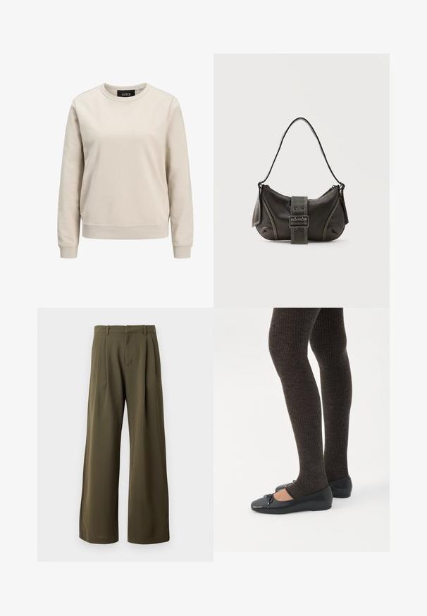 Beige sweatshirts med rund halsudskæring, lange ærmer, ribbede manchetter og kant, lavet af blødt bomuldsstof. Enkelt design uden mønstre.; Oliven grønne vidde bukser med plissee, bæltestropper og en skjult lukning foran mod en ensfarvet baggrund.; Ben iført mørke ribbede leggings kombineret med sorte balletsko med små sløjfedetaljer på hvid baggrund.; Sort læder skuldertaske med spænde på remmen, afrundede kanter og kontrasterende hvide syninger på en ensfarvet baggrund.