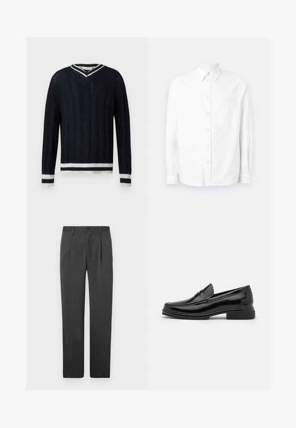 Pull en tricot bleu marine avec des côtes verticales, en col en V, et des bords rayés blancs au col, aux poignets et à l'ourlet.; Chemise blanche à manches longues avec boutons, en tissu léger. Présente une poche poitrine, un col classique et une texture subtile.; Pantalons gris sur mesure avec une coupe droite, dotés d'un pli avant, d'une fermeture éclair et d'un bouton. Texture lisse, design classique.; Mocassins en cuir noir avec un embout arrondi, présentant un détail cousu sur le dessus, et un petit talon carré. Texture lisse et finition brillante.