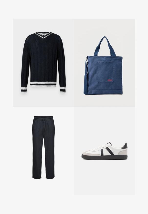 Pull en tricot bleu marine avec des côtes verticales, en col en V, et des bords rayés blancs au col, aux poignets et à l'ourlet.; Pantalon ample noir avec taille élastique et cordon de serrage, jambes droites, en tissu léger.; Baskets blanches avec des accents noirs et gris, présentant un embout texturé gris, une semelle en caoutchouc noir et des lacets plats blancs. Design épuré, style minimaliste.; Sac fourre-tout en toile bleue avec poche frontale et broderie rouge "O.N.S", doté de doubles poignées et d'une bandoulière réglable.