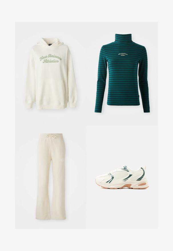 Cremefarbener Kapuzenpullover mit Kängurutasche und hellgrünem "New Balance Athletics"-Schriftzug auf der Brust.; Langärmliges Rollkragenoberteil in Türkis mit dunkelblauen horizontalen Streifen. Verfügt über ein kleines weißes und goldenes Logo auf der Brust. Weicher, dehnbarer Stoff.; Cremefarbene Jogginghose aus einem weichen Material, mit einem Kordelzugbund und ausgestellten Beinen. Subtiles Logo-Detail an der linken Hüfte.; Weißer Sneaker mit grünen Akzenten und beiger Gummisohle, ausgestattet mit Mesh-Einsätzen und einem klobigen Sohlen-Design, von der Außenseite gezeigt.