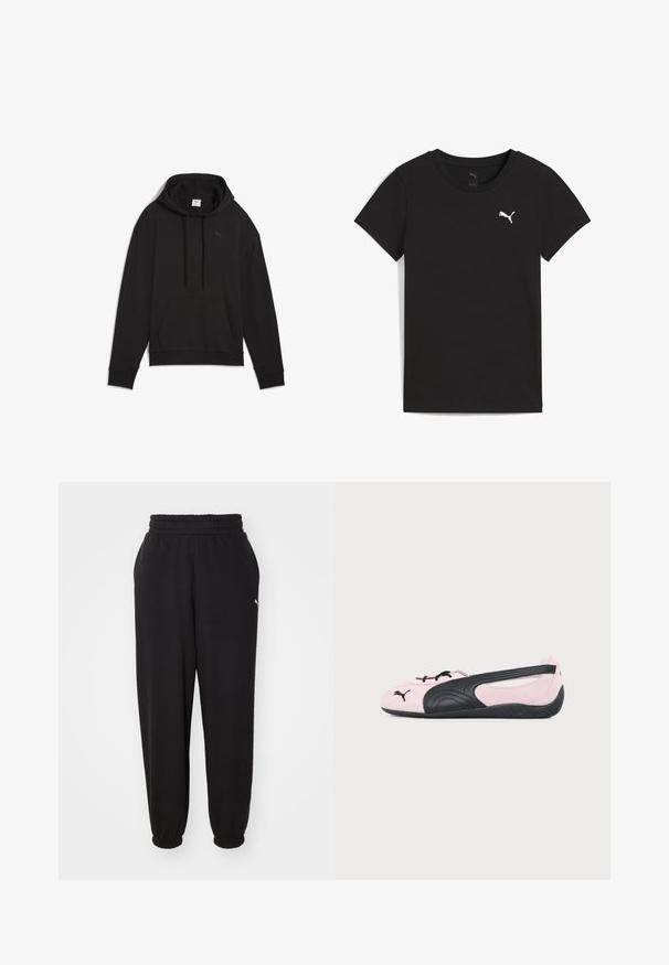 Sort pullover hættetrøje lavet af blødt stof, med en kenguru lomme, snøre ved hætten, og et lille logo på brystet.; Sort Puma T-shirt med korte ærmer, rund hals og hvidt Puma-logo på venstre bryst.; Sorte sweatpants lavet af blødt stof, med en ribbet talje og mansjetter ved anklerne. Indeholder en lille logoaccent på siden.; Lyserød og sort Puma balletflat med sort logo på tåen og tekstureret sål, vist i sideprofil på ensfarvet baggrund.