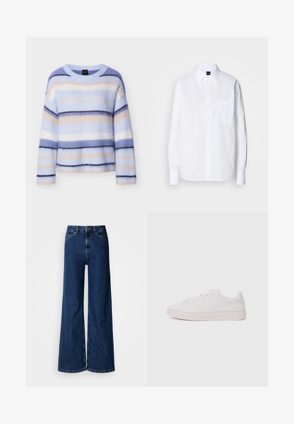 Pull rayé en bleu clair, rose pâle et bleu marine. Texture douce et moelleuse avec un col rond et des poignets côtelés. Léger et coupe décontractée.; Chemise blanche à boutons, en coton, avec un col classique, des manches longues, une poche poitrine et une texture lisse et structurée.; Jean large à lavage foncé en denim, doté d'une taille haute, d'un design classique à cinq poches et de détails de couture subtils le long des coutures.; Baskets blanches avec un dessus en cuir lisse, bout rond et semelle en caoutchouc plate. Présente un système de laçage et un logo discret sur le côté.