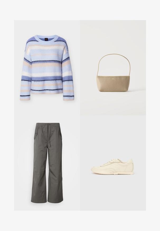 Pull rayé en bleu clair, rose pâle et bleu marine. Texture douce et moelleuse avec un col rond et des poignets côtelés. Léger et coupe décontractée.; Pantalons gris à jambes larges en tissu léger, dotés d'une taille élastique, d'un cordon de serrage et de deux poches latérales avec des accents en bouton.; Baskets basses de couleur crème avec des coutures ondulées, une fermeture à lacets et une semelle crantée, vues de côté sur un fond uni.; Sac à main tissé beige avec fine bandoulière et petit logo doré "BOSS" à l'avant, présenté sur fond blanc uni.