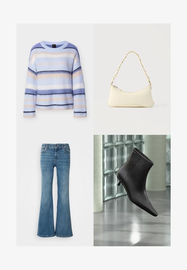 Pull rayé en bleu clair, rose pâle et bleu marine. Texture douce et moelleuse avec un col rond et des poignets côtelés. Léger et coupe décontractée.; Jean évasé bleu clair en denim, doté de cinq poches, de coutures visibles, et d'une fermeture à bouton et à zip à la taille.; Bottine en cuir noir avec bout pointu et petit talon, présentée devant un mur en blocs de verre et un sol poli.; Petit sac à main couleur crème avec une forme incurvée et une poignée en chaîne torsadée ton or, fermeture éclair sur le dessus