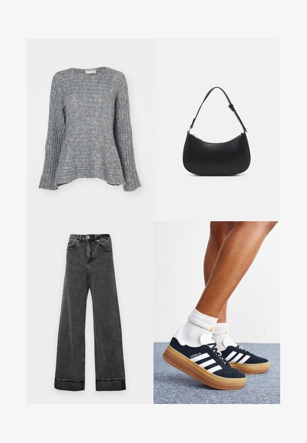 Grijze gebreide trui met geribde textuur, lange mouwen en een flared ontwerp aan de zoom. Ronde halslijn en gestroomlijnde vorm.; Wijde hoge taille zwarte jeans gemaakt van denim, met een knoopsluiting, vijf zakken en ruwe zomen bij de enkels.; Ben met witte sokken en zwarte Adidas Gazelle sneakers met witte strepen en dikke bruine zolen op een grijs tapijt.; Pieces PCALUANA SHOULDER BAG - Handtas - black