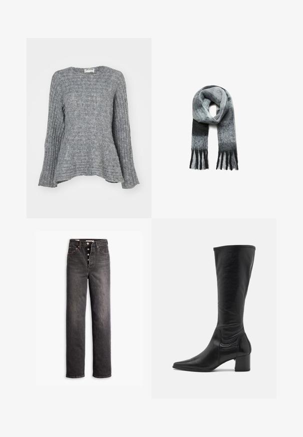 Grijze gebreide trui met geribde textuur, lange mouwen en een flared ontwerp aan de zoom. Ronde halslijn en gestroomlijnde vorm.; Zwarte high-waisted jeans met een rechtuit ontwerp, gemaakt van denim. Heeft een knoopsluiting, koperen hardware accenten en contrasterende stiksels.; Zwarte leren laars tot de knie met een puntige neus, minimale naaddetails en een chunky vierkante hak. Soepele textuur met een glanzende afwerking.; Lange gebreide sjaal in verloop van grijstinten met franjes aan de uiteinden, plat gelegd met een lus in het midden tegen een witte achtergrond.