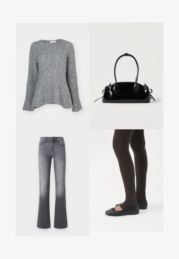 Grå strikket sweater med ribbet tekstur, lange ærmer og en flagrende design ved kanten. Rund halsudskæring og strømlinet form.; Højtaljede, brede jeans i mørkegråt denim med forlommer, knaplukning og subtilt falmede effekter mod kanten.; Ben iført mørke ribbede leggings kombineret med sorte balletsko med små sløjfedetaljer på hvid baggrund.; Lille sort blank håndtaske med to lange håndtag og snøre-detaljer i siden på en ensfarvet lys baggrund.