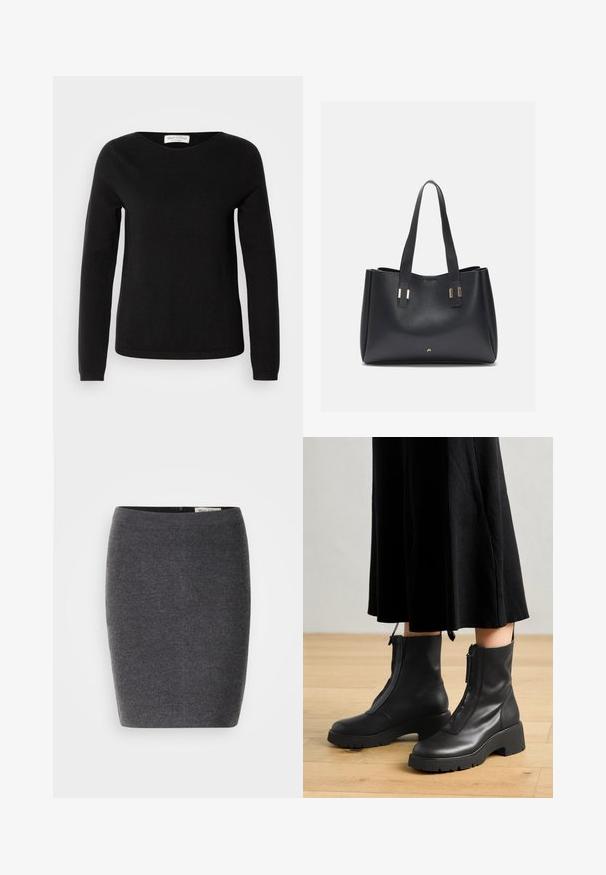 Marc O'Polo LONGSLEEVE ROUND NECK - Jersey de punto - black; Falda lápiz de lana gris con una textura suave y un diseño ajustado, que presenta una cinturilla discreta y sin adornos visibles.; Botas de tobillo de cuero negro con suela de plataforma gruesa y cremallera delantera. Textura suave con un diseño minimalista.; Bolso tote de cuero negro con una textura suave, dos asas resistentes y acentos metálicos. Presenta un diseño minimalista con una apertura en la parte superior.