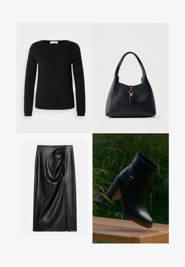 Marc O'Polo LONGSLEEVE ROUND NECK - Svetrík - black; Čierna kožená sukňa s hladkou textúrou, ktorá má nariasenú časť na jednej strane a bočný rozparok pre prídavnú detalizáciu.; Čierna kožená členková topánka s blokovým podpätkom a bočným zipsom, vystavená na drevenom povrchu s rozmazaným zeleným pozadím listov.; Čierna kožená kabelka s textúrovaným povrchom, zakriveným tvarom a zlatým kovovým doplnkom. Má jednu rukoväť a zapínanie na sponu.