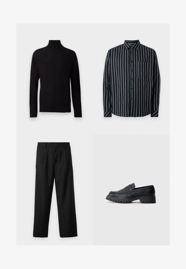Sort strikket langærmet rullekrave sweater med ribstrikkede manchetter, kant og hals, vist på en lys grå baggrund.; Sort button-up skjorte med blå lodrette striber, lange ærmer, krave og en brystlomme. Glat stof, afslappet pasform, standard knapper.; Sorte bukser med lige pasform, der har en enkelt knaplukning, to for-lommer og en glat, let stofstruktur.; Sorte læder loafers med en rund tå, prydet med en dekorativ rem og en kraftig gummisål med dybe riller for grip.