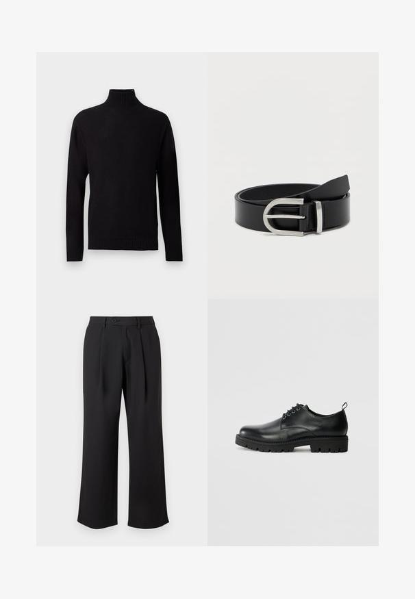 Jersey negro de cuello alto de punto con mangas largas, puños, bajo y cuello de canalé, mostrado sobre un fondo gris claro.; Pantalones de pierna ancha negros, elaborados con una tela suave, que presentan un pliegue frontal, un cierre de botón y bolsillos laterales.; Zapato de cuero negro con punta redonda, que presenta un diseño de cordones, suela negra de goma resistente y una pequeña lengüeta en el talón.; Cinturón de cuero negro con una textura suave, que presenta una hebilla de metal plateado y una forma rectangular clásica.