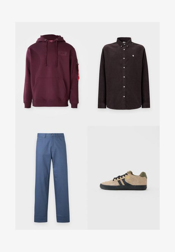 Bordeaux-hoodie i blødt stof, med en frontlomme, justerbar snørehætte og en sidelomme med lynlås med en rød mærkeaccent.; Mørkebrun fløjlsbluse med knappet krave, lange ærmer, hvide knapper og et lille logo på venstre bryst.; Blå bomuldsbukser med lige ben, forsynet med frontknaplukning og fem lommer. Glat tekstur uden synlige mønstre.; Beige ruskind skate sko med sort sål, sorte snørebånd, sorte sidelister, olivengrøn hæl og gult Globe-logo på siden og tungen.