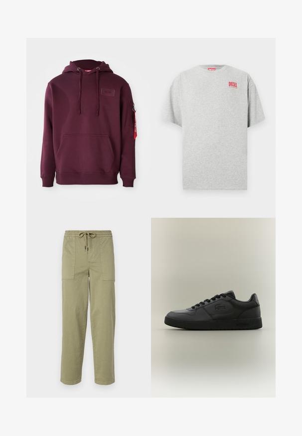 Bordeaux-hoodie i blødt stof, med en frontlomme, justerbar snørehætte og en sidelomme med lynlås med en rød mærkeaccent.; Grå bomuld t-shirt med rund hals og korte ærmer. Har et lille rødt "DIESEL" logo på brystet. Glat tekstur.; Lys olivengrønne bukser lavet af en bomuldsblanding, med elastisk talje med snor og to store sidelommer.; Sorte lædersneakers med en glat overflade, rund tå, flade snørebånd og et diskret logo på siden. Minimalistisk design med en robust sål.